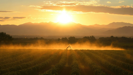 Close-up of irrigation sprinklers watering a field of young crops at sunrise, highlighting the importance of water management in farming.の素材