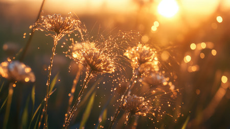 Close-up of irrigation sprinklers watering a field of young crops at sunrise, highlighting the importance of water management in farming.の素材