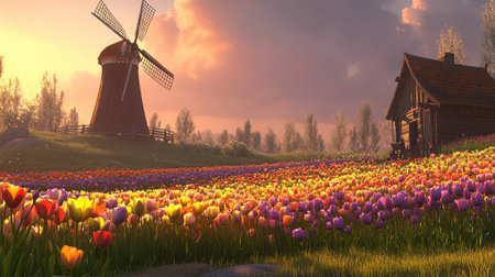 Traditional windmill standing tall beside a field of tulips in various colors, blending agricultural heritage with floral cultivation.の素材
