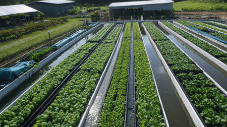 Aerial view of a large-scale hydroponic farm with rows of nutrient-rich water channels supporting leafy greens.の素材