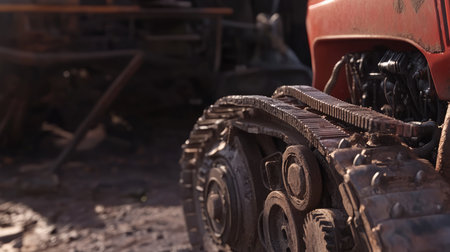 Close-up of a tractor's engine components, showcasing gears, belts, and metal parts, with a rustic workshop in the background.の素材