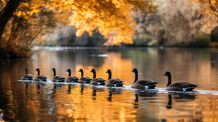A flock of geese swimming gracefully on a tranquil pond, with autumn-colored trees reflecting on the water's surface.の素材