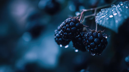 Close-up of a cluster of ripe blackberries on a thorny bush, glistening with morning dew, ready for picking.の素材