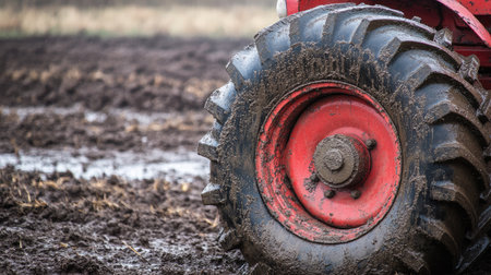 Close-up of a red tractor's large black tire, partially covered in mud, against a backdrop of freshly tilled earth.の素材
