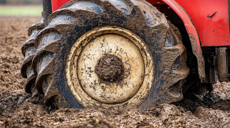 Close-up of a red tractor's large black tire, partially covered in mud, against a backdrop of freshly tilled earth.の素材
