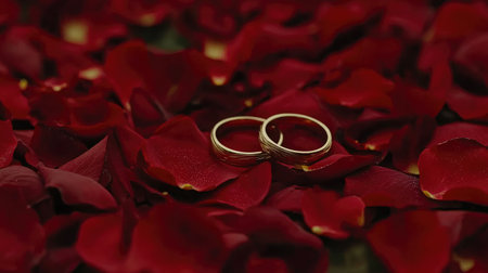 A close-up of two intertwined gold rings resting on a bed of red rose petals, symbolizing eternal love and commitment.の素材