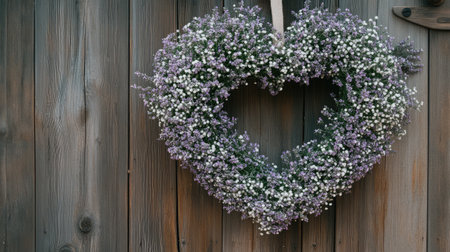 A heart-shaped wreath made of lavender and baby's breath hanging on a rustic wooden door, evoking a sense of welcoming love.の素材