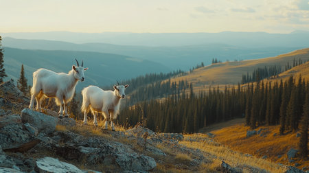A pair of goats standing on a rocky hillside, with a panoramic view of rolling hills and forests in the distance.の素材