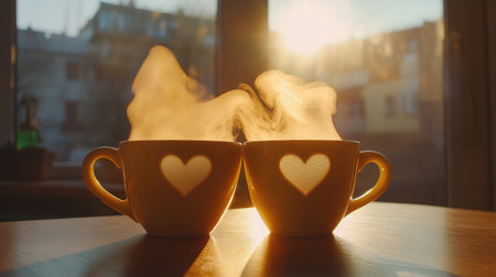 A pair of matching coffee cups with heart-shaped steam rising, placed on a cozy table near a window with soft morning light.の素材