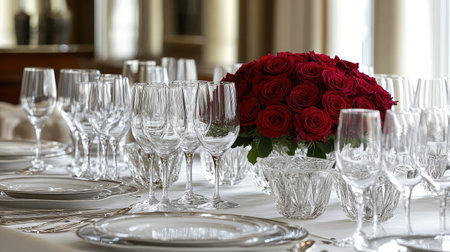 A romantic table setting with fine china, crystal glasses, and a centerpiece of red roses, ready for an intimate dinner.の素材