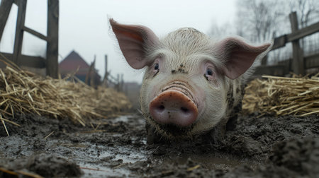 Close-up of a piglet's snout as it roots around in the mud, with straw and wooden fencing in the background.の素材