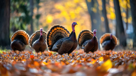 A group of turkeys foraging in a wooded area, with autumn leaves scattered on the forest floor.の素材