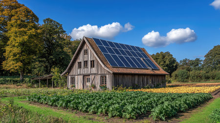 A rustic wooden barn with solar panels on the roof, surrounded by fields of organic crops under a clear blue sky.の素材