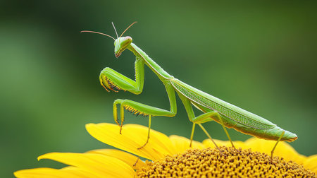 Close-up of a praying mantis perched on a sunflower, highlighting natural pest control in organic farming.の素材