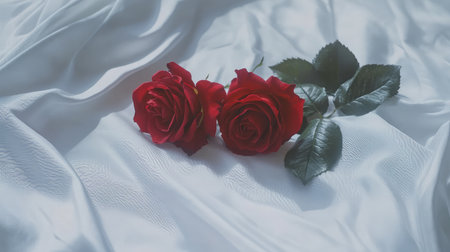 A pair of intertwined red roses lying on a white silk fabric, with soft natural light highlighting their delicate petals.の素材