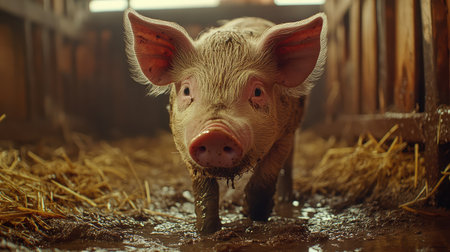Close-up of a piglet's snout as it roots around in the mud, with straw and wooden fencing in the background.の素材
