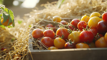 Close-up of heirloom tomatoes in varying colors and shapes, nestled in a rustic wooden crate on a bed of straw, with a blurred garden background.の素材