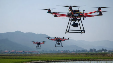 A fleet of drones flying over a rice paddy, conducting aerial surveys for crop health assessment.の素材