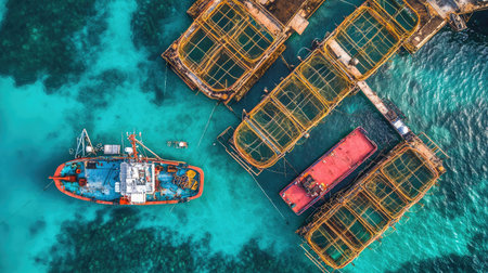 Aerial perspective of offshore fish cages arranged in a grid pattern, with support vessels nearby.の素材
