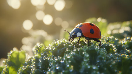 Close-up of a ladybug perched on the leaf of a kale plant, with dew droplets glistening in the morning light.の素材