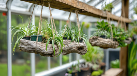 Interior of a greenhouse featuring a collection of air plants hanging from driftwood pieces suspended from the ceiling.の素材