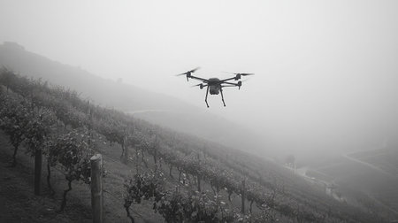 A drone equipped with multispectral sensors flying over a vineyard, assessing vine health.の素材