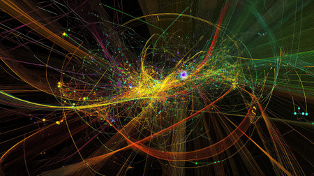 Abstract digital network with interconnected nodes and lines, representing IoT data exchange.の素材