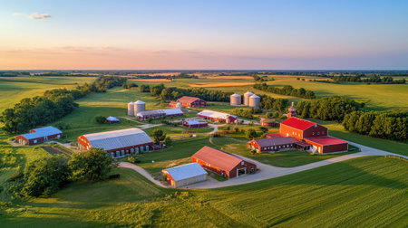 A panoramic view of a large-scale poultry farm with multiple barns, silos, and surrounding farmland under a clear sky.の素材