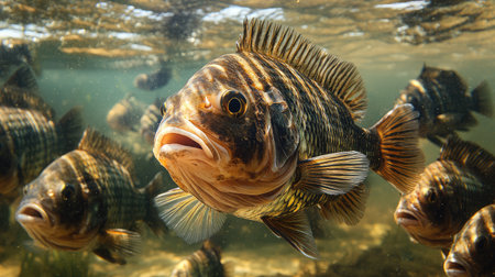 Close-up of a submerged net cage in a freshwater lake, teeming with tilapia swimming gracefully.の素材