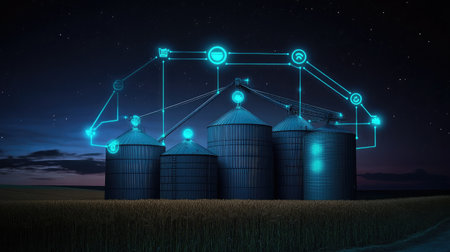 A smart silo system with sensors monitoring grain levels and quality in real-time.の素材