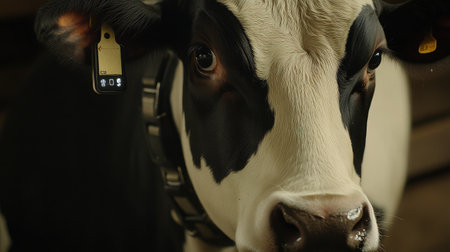 Close-up of a cow wearing a health monitoring collar with a digital ID tag, illustrating herd management technology.の素材