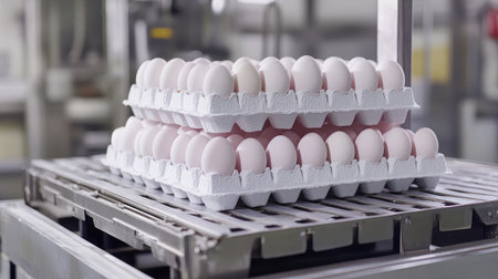 A stack of clean egg cartons ready for packaging in a commercial egg processing facility.の素材