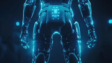 Close-up of a robotic exoskeleton with intricate mechanical joints and glowing interfaces, symbolizing AI in assistive technology.の素材