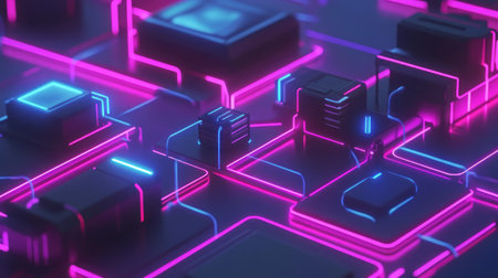 Abstract representation of a connected ecosystem with various devices linked by glowing lines.の素材