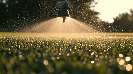 Close-up of a precision sprayer's nozzles releasing a fine mist over a lush green crop.の素材