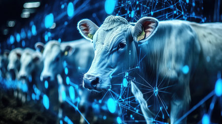 Close-up of a computerized feed management system displaying nutritional data for the dairy herd.の素材