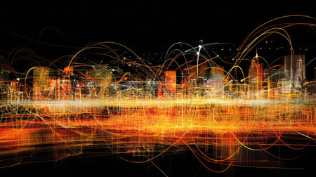 Abstract representation of a connected cityscape with glowing lines linking various buildings and infrastructure.の素材