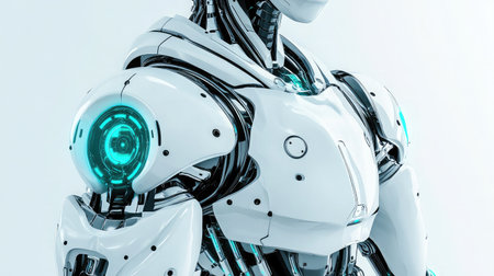 Close-up of a robotic exoskeleton with intricate mechanical joints and glowing interfaces, symbolizing AI in assistive technology.の素材