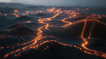 Abstract data landscape with glowing pathways and nodes, representing AI's role in big data analysis.の素材