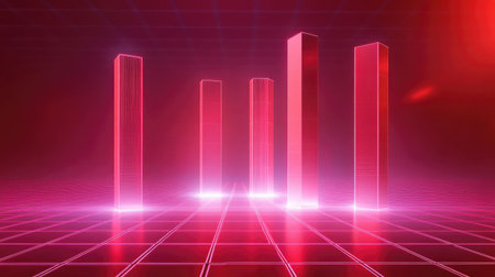 D bar charts rising from a digital grid, symbolizing data growth and analysis.の素材