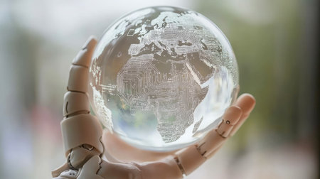 Close-up of a robotic hand holding a transparent globe with embedded digital circuits, symbolizing AI's global influence.の素材