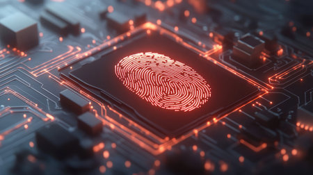 Digital fingerprint scan overlaid on a circuit pattern, symbolizing biometric security measures.の素材