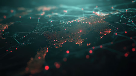 Abstract visualization of a connected world with glowing lines linking various regions and devices.の素材