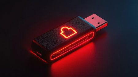 Close-up of a USB drive with a glowing lock symbol, emphasizing secure data transfer.の素材