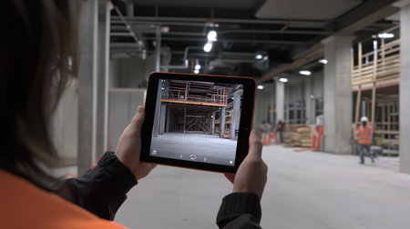 AR-enabled tablet displaying a virtual architectural model in a real-world construction site.の素材