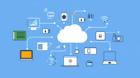 A digital cloud connected to various IoT devices via glowing lines, illustrating cloud-based IoT integration.の素材