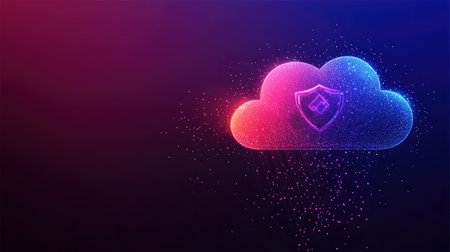 A digital cloud with a shield emblem overlay, symbolizing protected cloud data.の素材