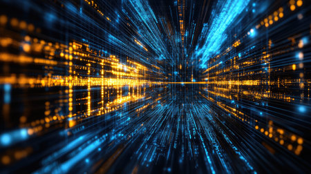 Abstract representation of a virtual space station with floating holographic interfaces.の素材