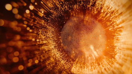 Close-up of a biometric security scanner analyzing a fingerprint with holographic effects.の素材