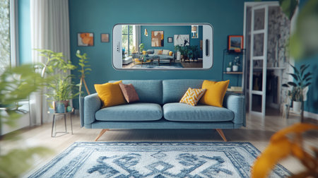 AR-enabled smartphone displaying a virtual furniture piece in a modern living room setting.の素材